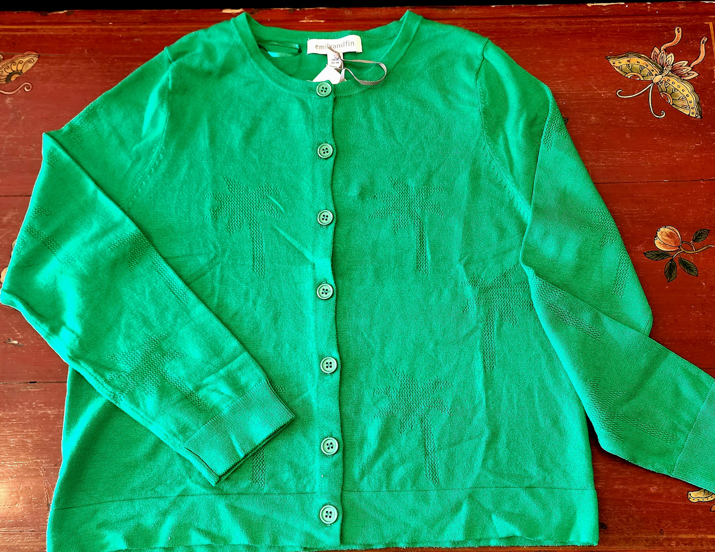 Pointelle Cardi Lily Palm Tree in Red, Green & Bright Blue by Emily & Fin