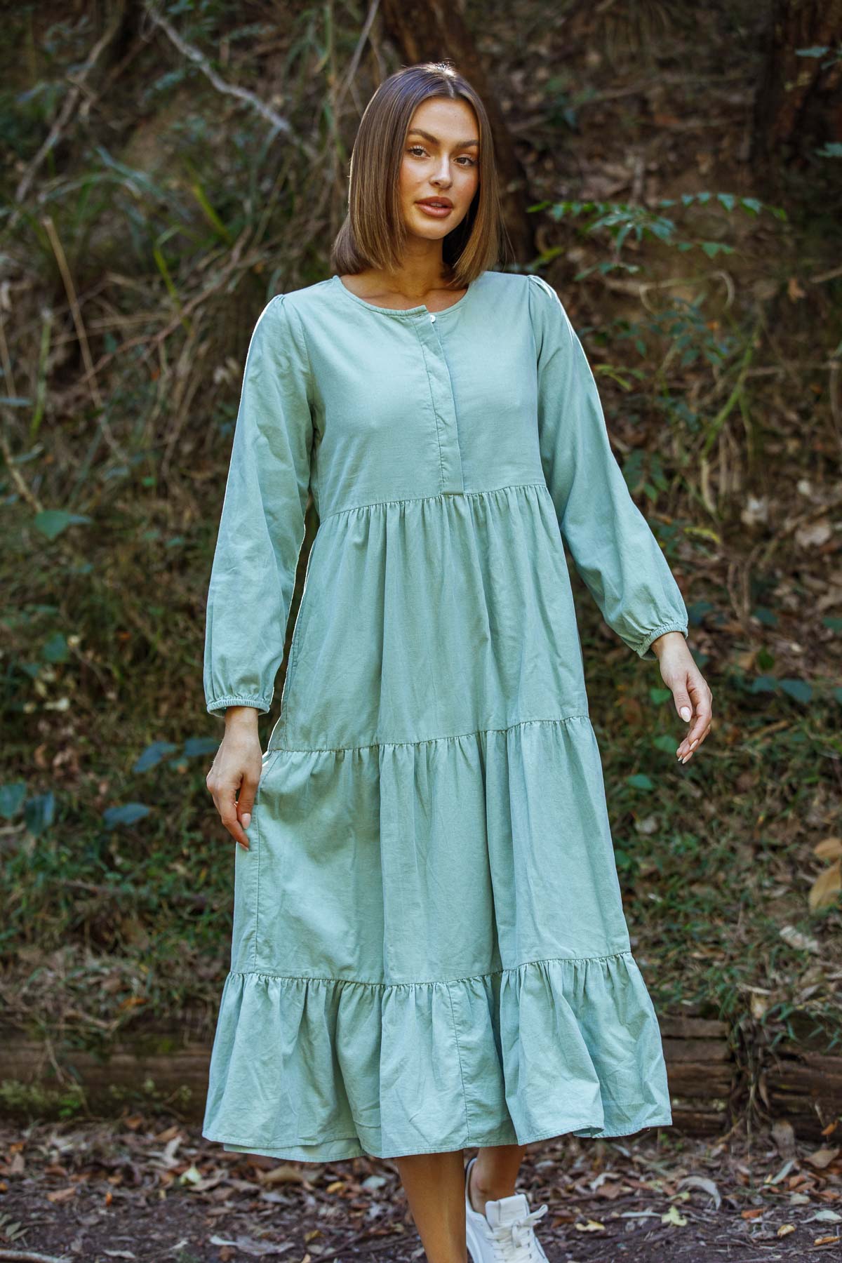 Corduroy long sleeved Tiered dress in Mint Green SZ M by Naturals by O&J LAST ONE!