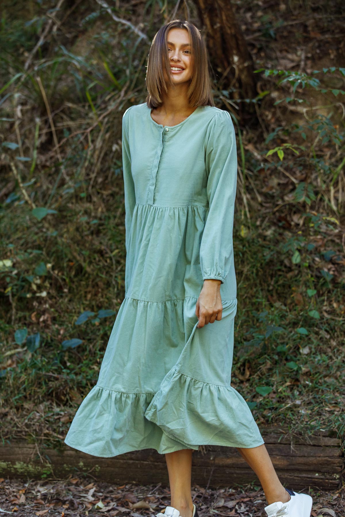 Corduroy long sleeved Tiered dress in Mint Green SZ M by Naturals by O&J LAST ONE!