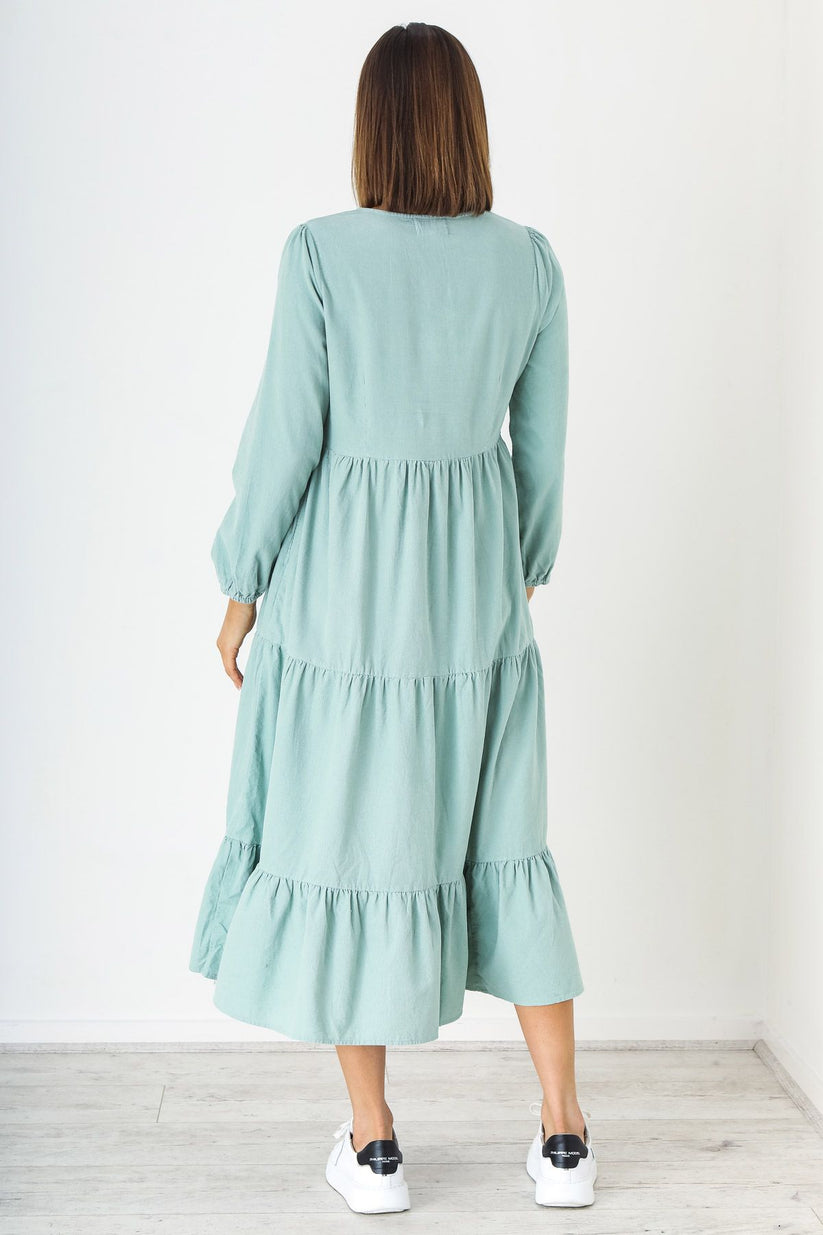 Corduroy long sleeved Tiered dress in Mint Green SZ M by Naturals by O&J LAST ONE!