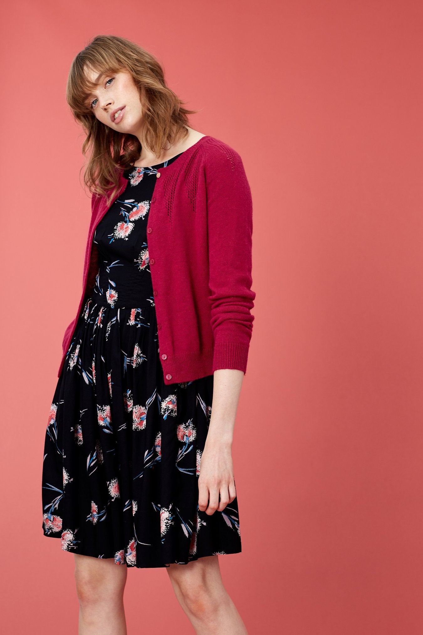 Pointelle Cardi Lily Palm Tree in Red, Green & Bright Blue by Emily & Fin