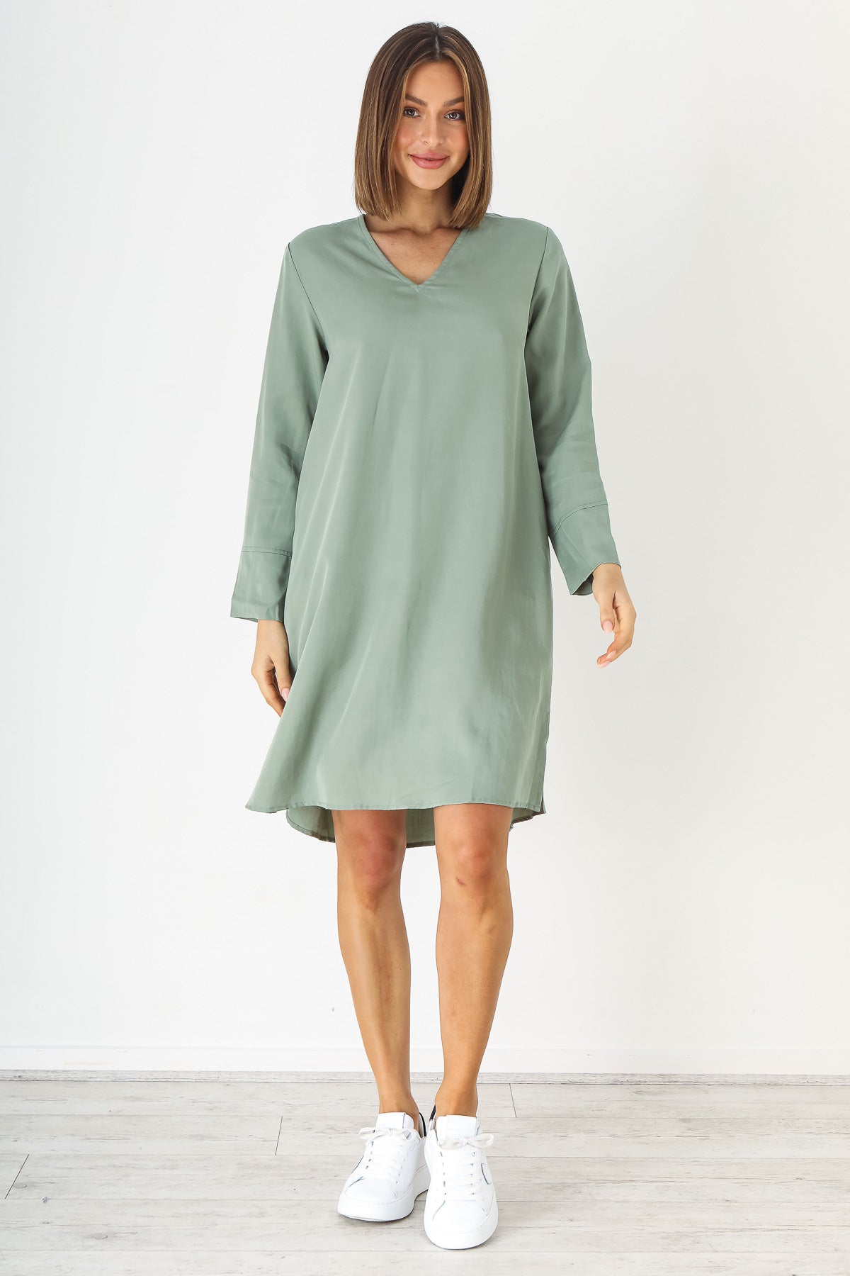 Tencel V neck dress in Sage by Naturals by O&J