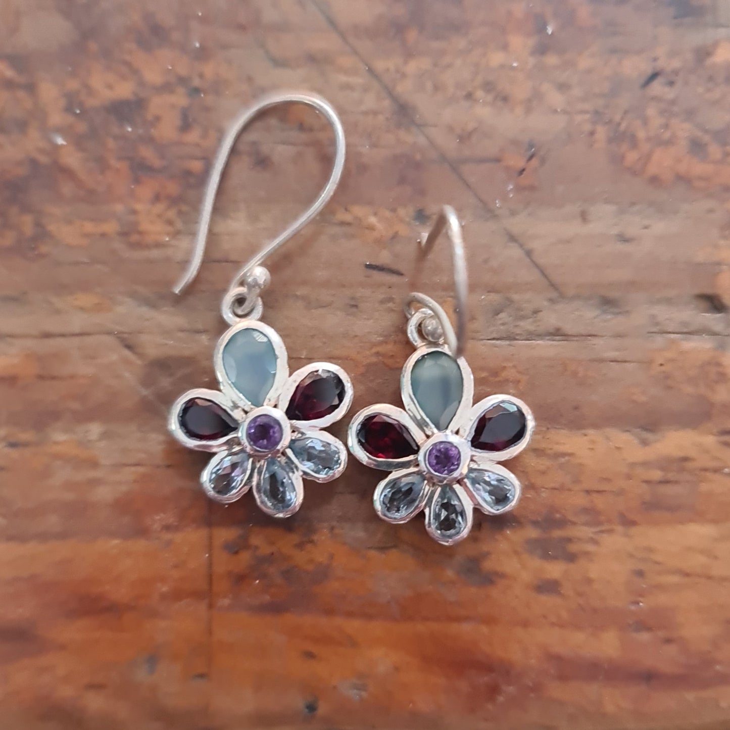 Multi stone Flower Silver Hook earrings