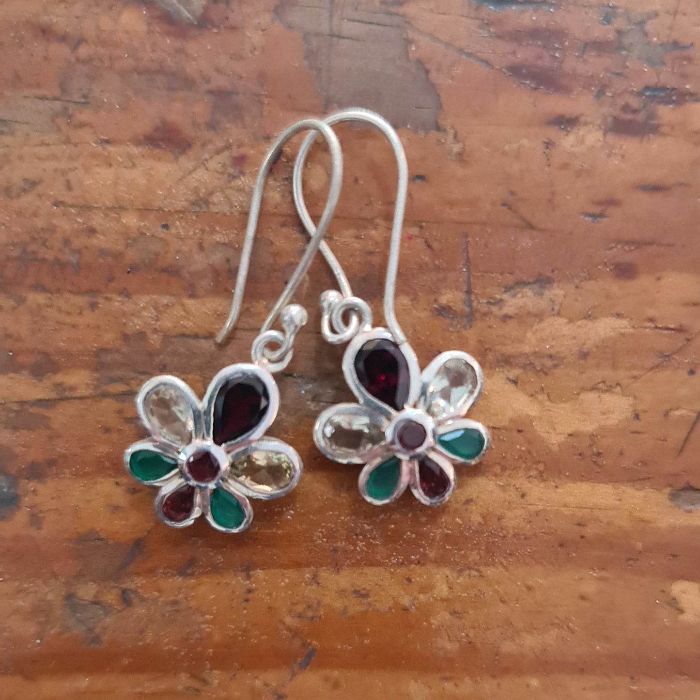 Multi stone Flower Silver Hook earrings