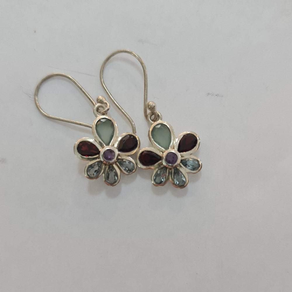 Multi stone Flower Silver Hook earrings