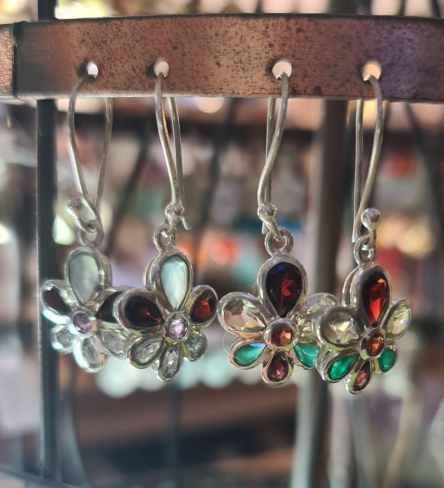 Multi stone Flower Silver Hook earrings