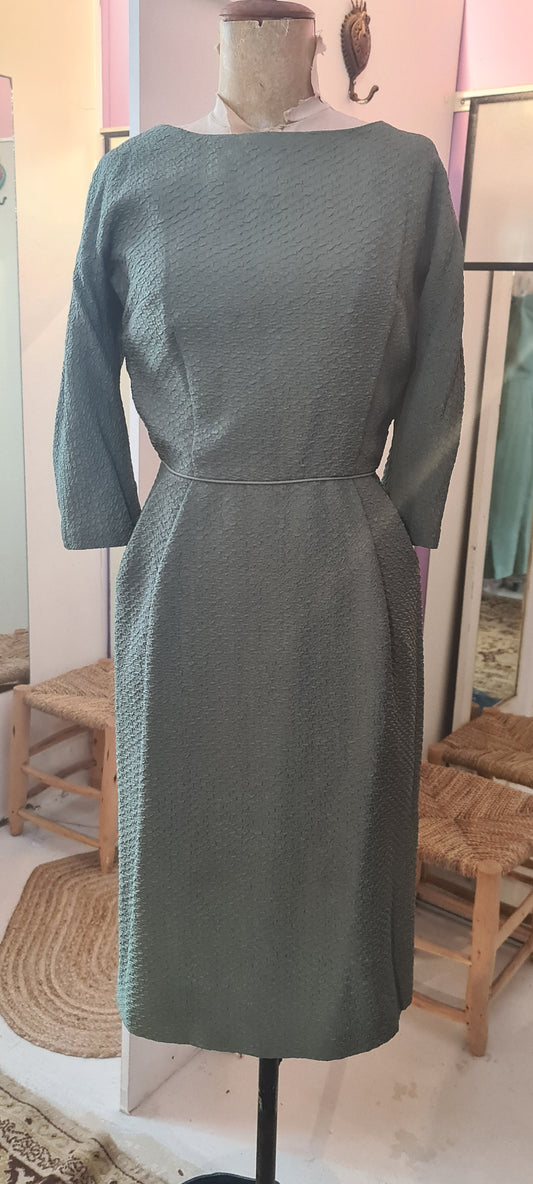 1960's Vintage Dress in textured Eucalyptus green Sz SSW by De-Mar Sydney