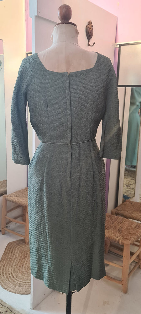 1960's Vintage Dress in textured Eucalyptus green Sz SSW by De-Mar Sydney