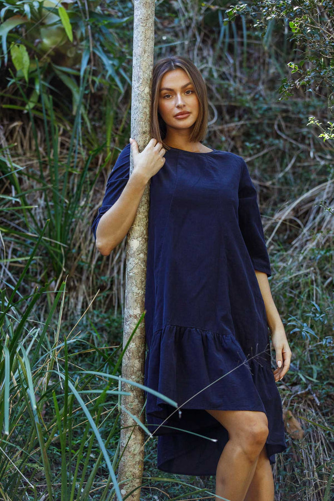 High Low fine corduroy dress in Navy by Naturals by O&J