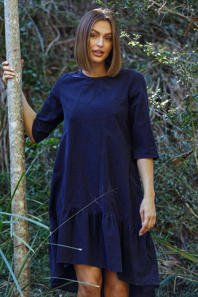 High Low fine corduroy dress in Navy by Naturals by O&J