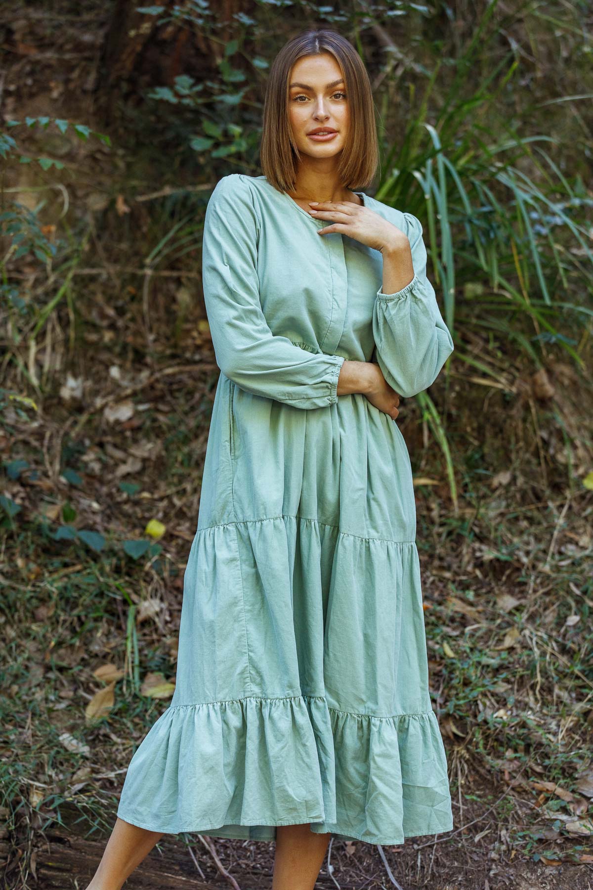 Corduroy long sleeved Tiered dress in Mint Green SZ M by Naturals by O&J LAST ONE!