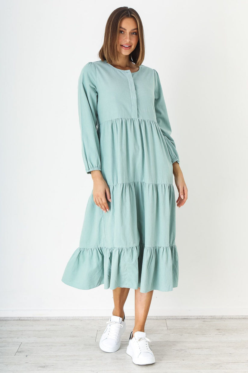 Corduroy long sleeved Tiered dress in Mint Green SZ M by Naturals by O&J LAST ONE!