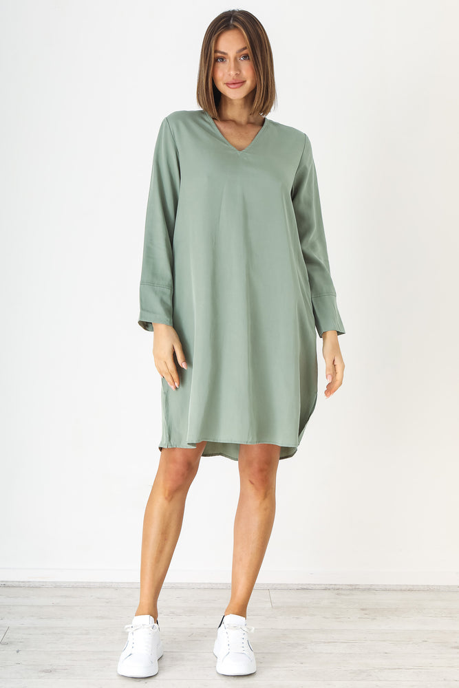 Tencel V neck dress in Sage by Naturals by O&J