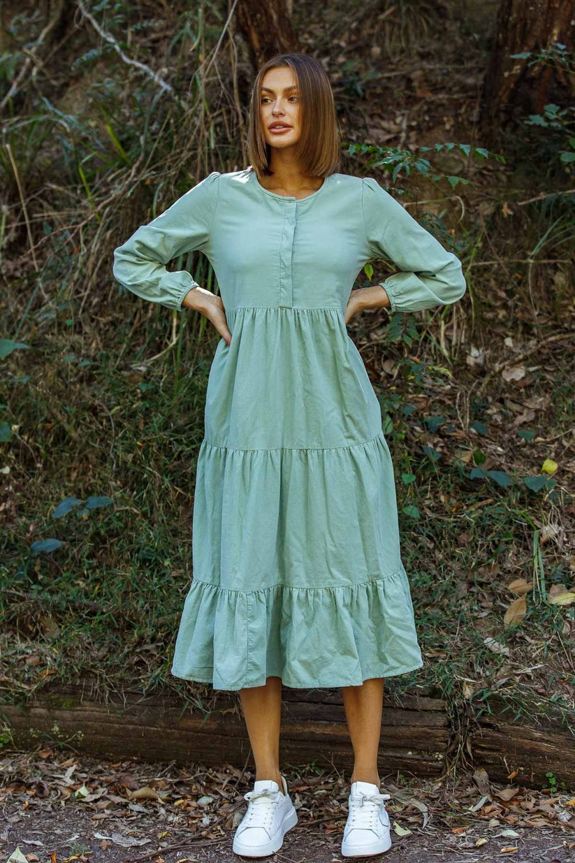 Corduroy long sleeved Tiered dress in Mint Green SZ M by Naturals by O&J LAST ONE!