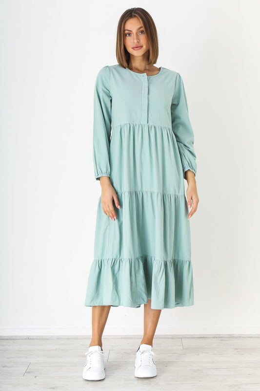 Corduroy long sleeved Tiered dress in Mint Green SZ M by Naturals by O&J LAST ONE!